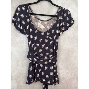 Anthropologie Deletta Women Navy Floral Print Wrap Sash Short Sleeve Size M